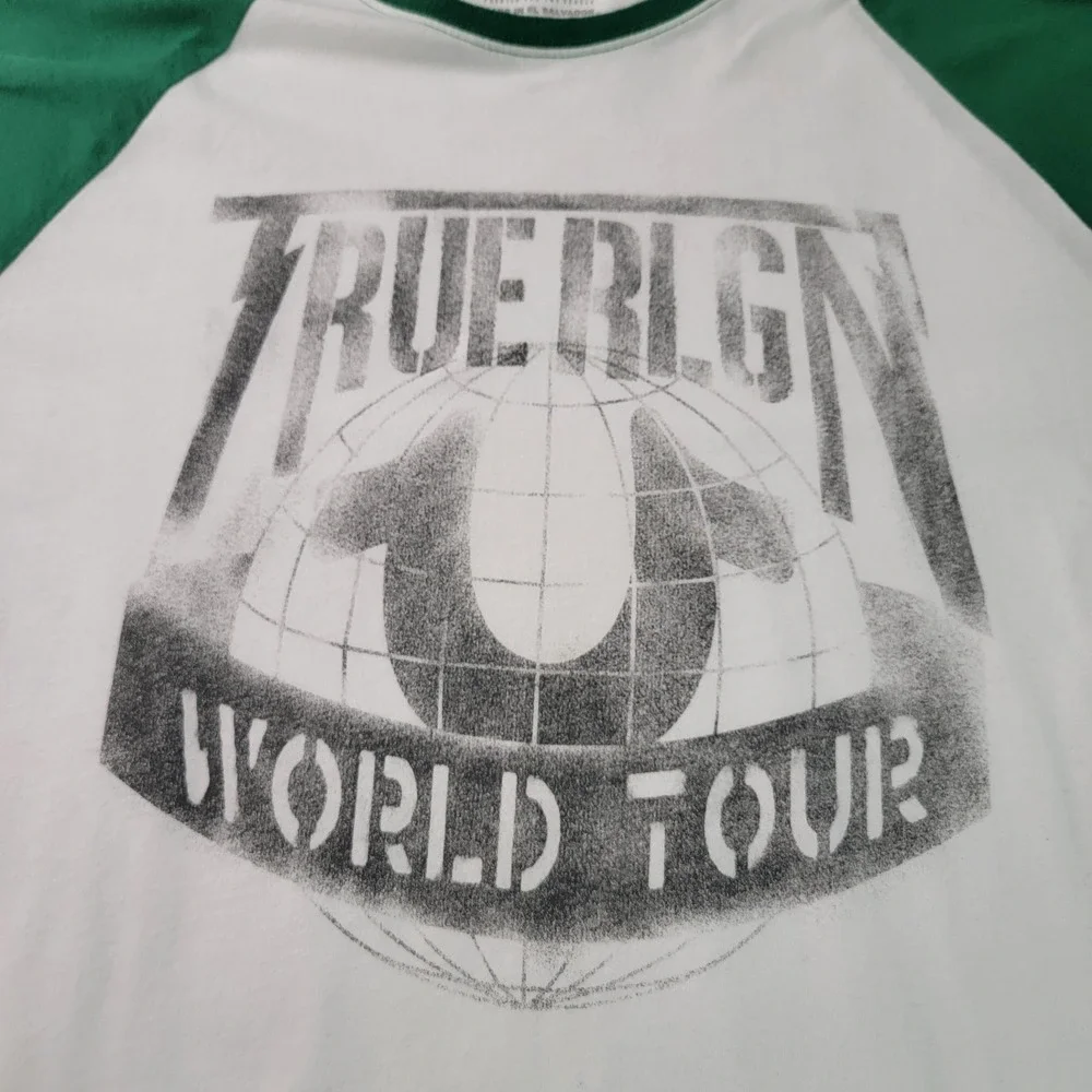 True Religion Shirt Mens white/ green BaseBall t-shirt, BuDDA‎ LOGO short sleeve